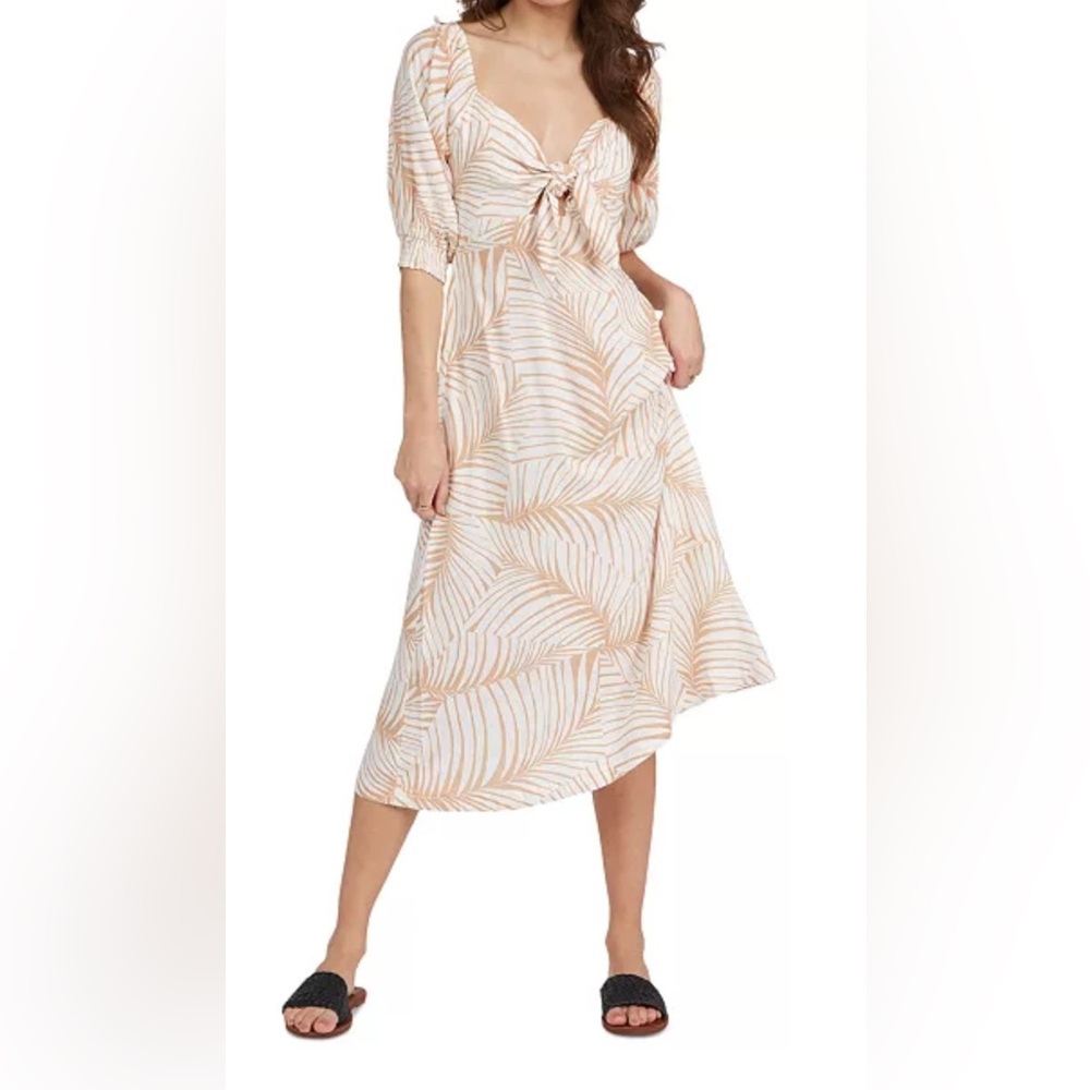 Roxy Tan and White Puff Sleeve Sundress